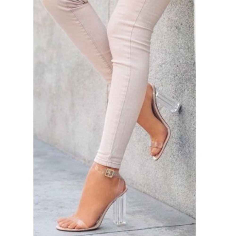 !! NEW !! Clear & Nude Ankle Strap Block Heels